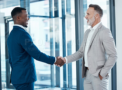 Buy stock photo Business people, handshake and welcome for partnership with onboarding and congratulations in office. Corporate diversity, men and collaboration with career opportunity or thank you for job interview