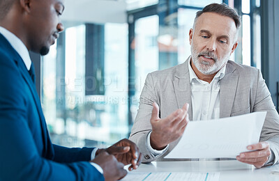 Buy stock photo Business people, meeting discussion and documents for collaboration with partnership and planning strategy in office. Corporate men, contract and speaking for hiring and onboarding with job interview