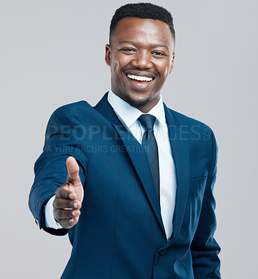 Buy stock photo Portrait, welcome or African businessman with handshake offer in studio for deal, contract or interview success on grey background. Thank you, recruitment and shaking hands for hello or onboarding 