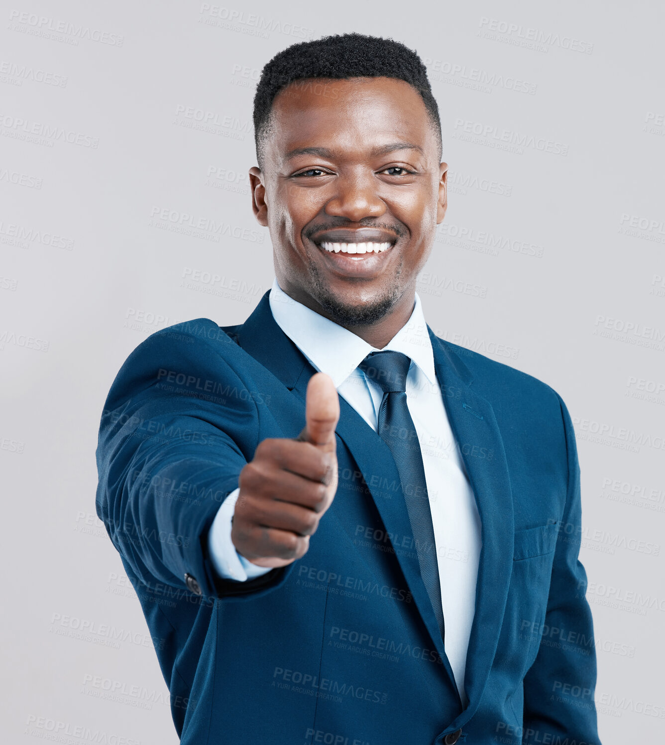 Buy stock photo Business, portrait and black man with thumbs up in studio for support, motivation and praise on grey background. Success, face and entrepreneur with OK hand emoji for winning, vote and feedback sign