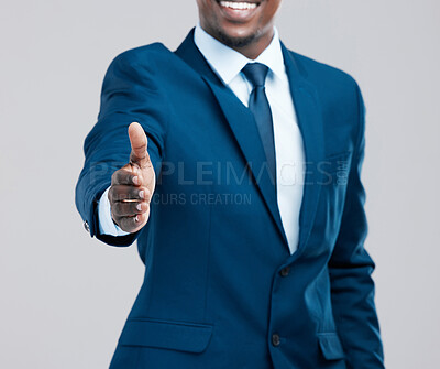 Buy stock photo Welcome, smile or businessman with handshake offer in studio for deal, contract and job interview success on white background. Thank you, congratulations or shaking hands pov for hello or onboarding 