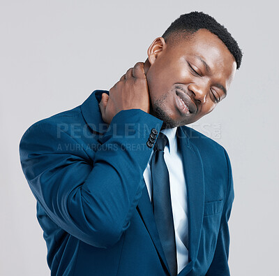 Buy stock photo Neck pain, stress and businessman in studio with muscle disaster, tension or burnout on white background. Injury, inflammation and African male entrepreneur with anatomy crisis, wound or emergency