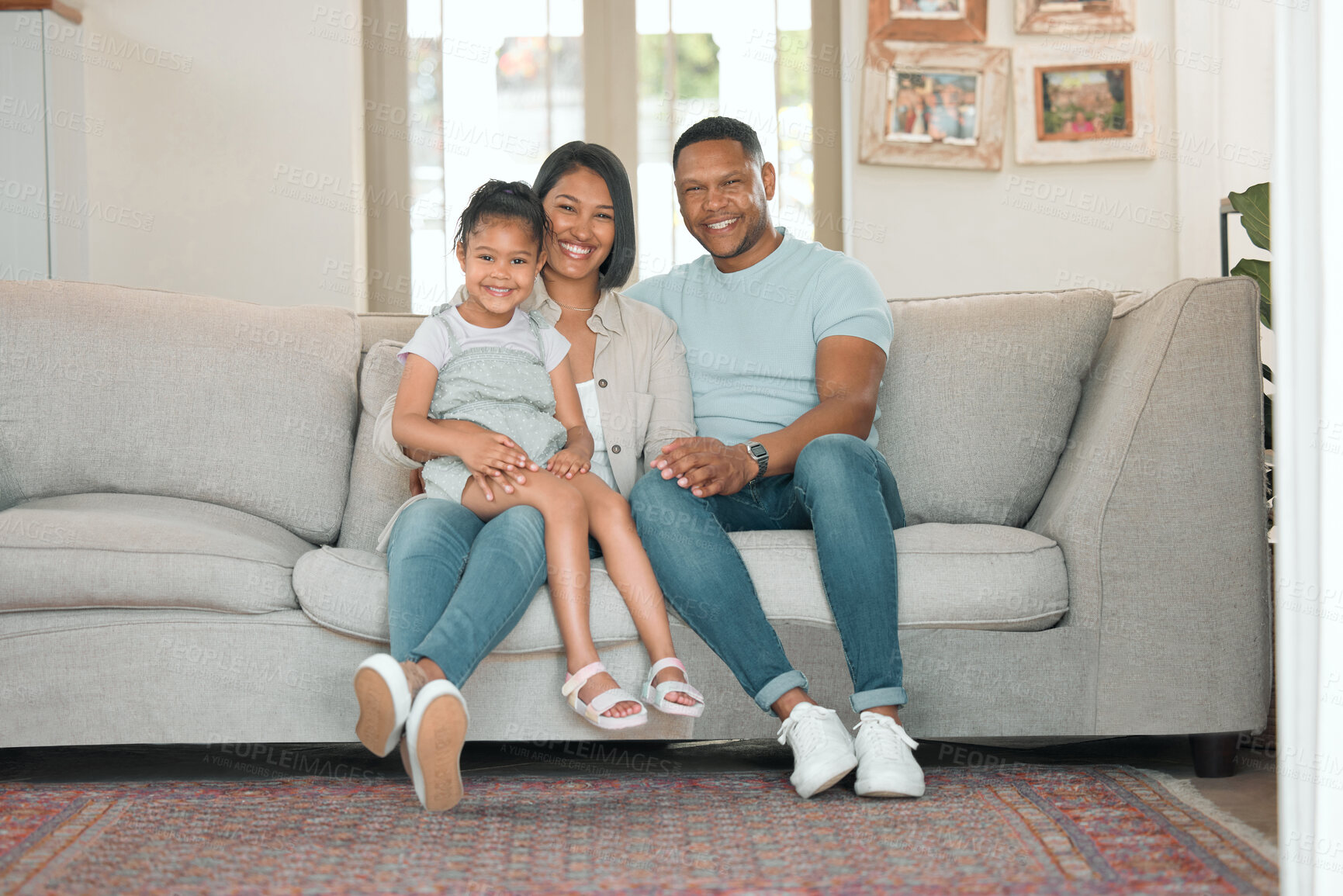 Buy stock photo Family, portrait and happy for love, relax and trust in home living room with mother, father and child.  Parents, kid and smile as household for care, bond or support together in house lounge on sofa