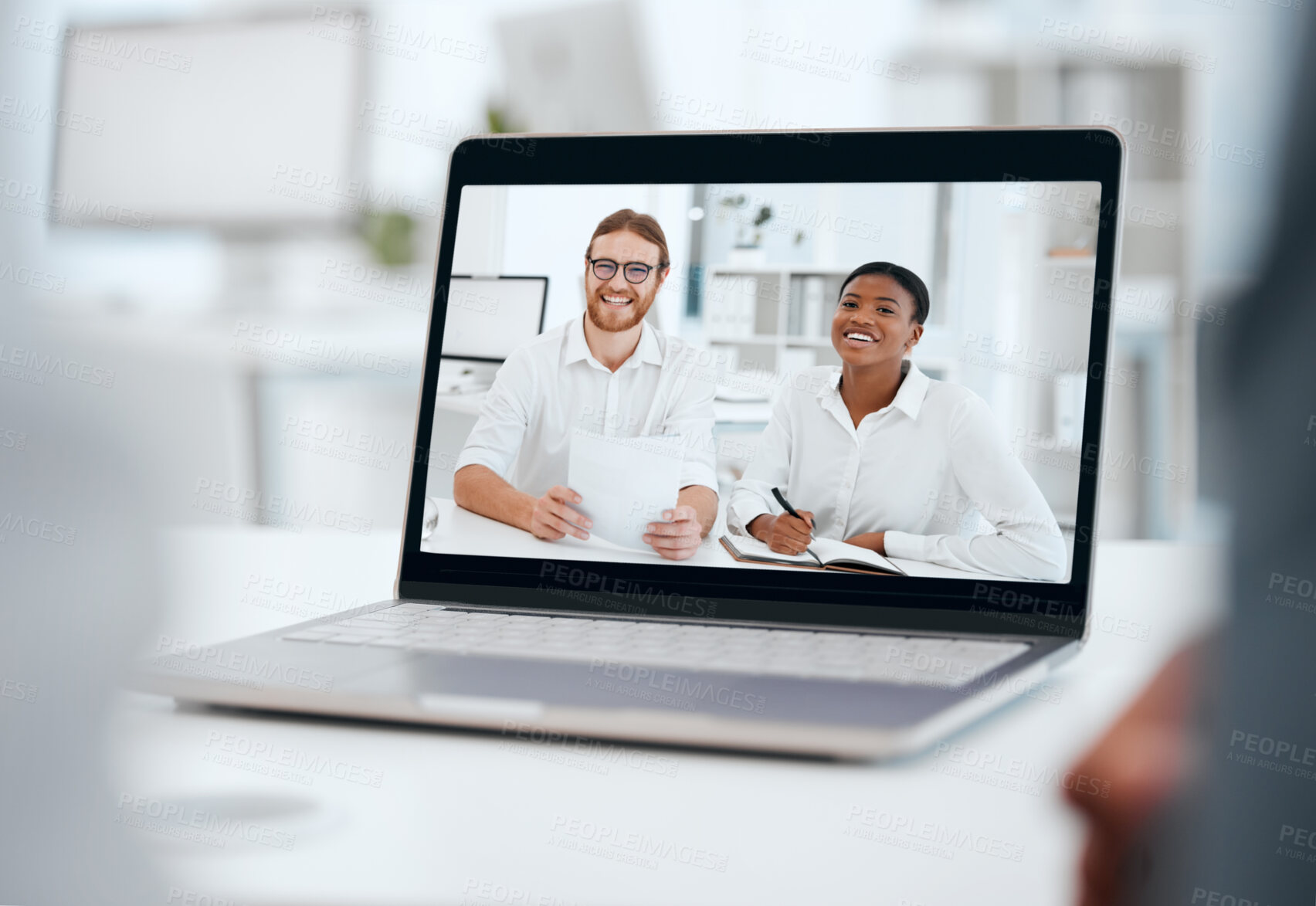 Buy stock photo Virtual meeting, screen and laptop for discussion, diversity and banker with ideas of investment or loan. Digital, talking and notes of accountant, people and smile for planning of budget or business