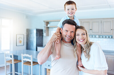 Buy stock photo Portrait, mother and father or child on shoulders in home for
happiness and bonding as family for youth development. Man, woman and cheerful son with face in apartment with love, care or trust