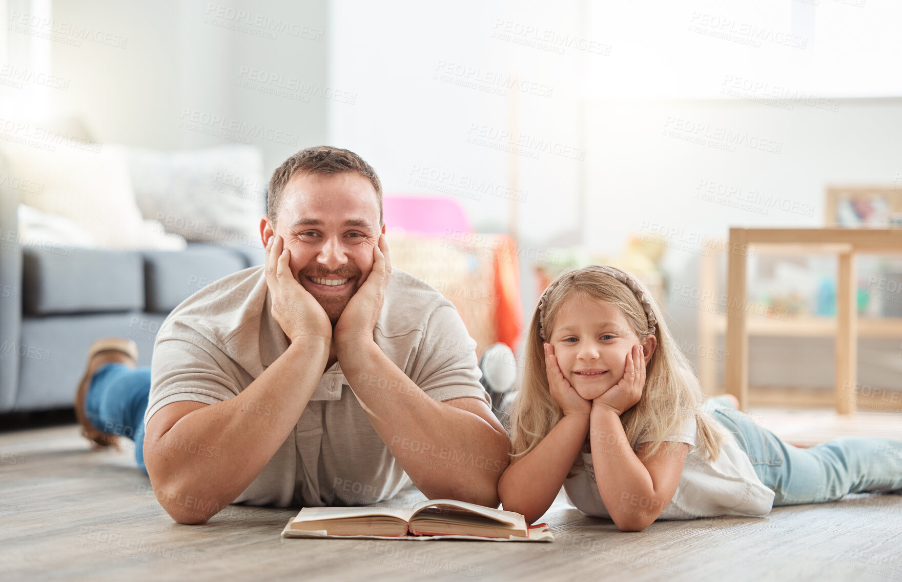 Buy stock photo Reading, portrait and father with girl child on floor for happiness, relax, and study together in home. Storytelling, fantasy and smile for family in lounge for education and learning in apartment