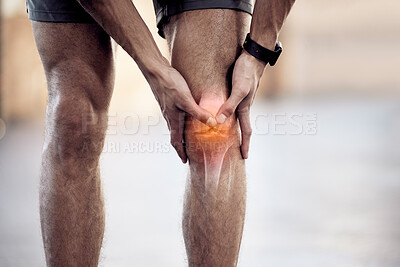 Buy stock photo Man, athlete and knee pain in gym, injury and muscle sprain or tender from exercise. Male person, runner and joint x ray from marathon or training practice, broken and bone ache or sport accident