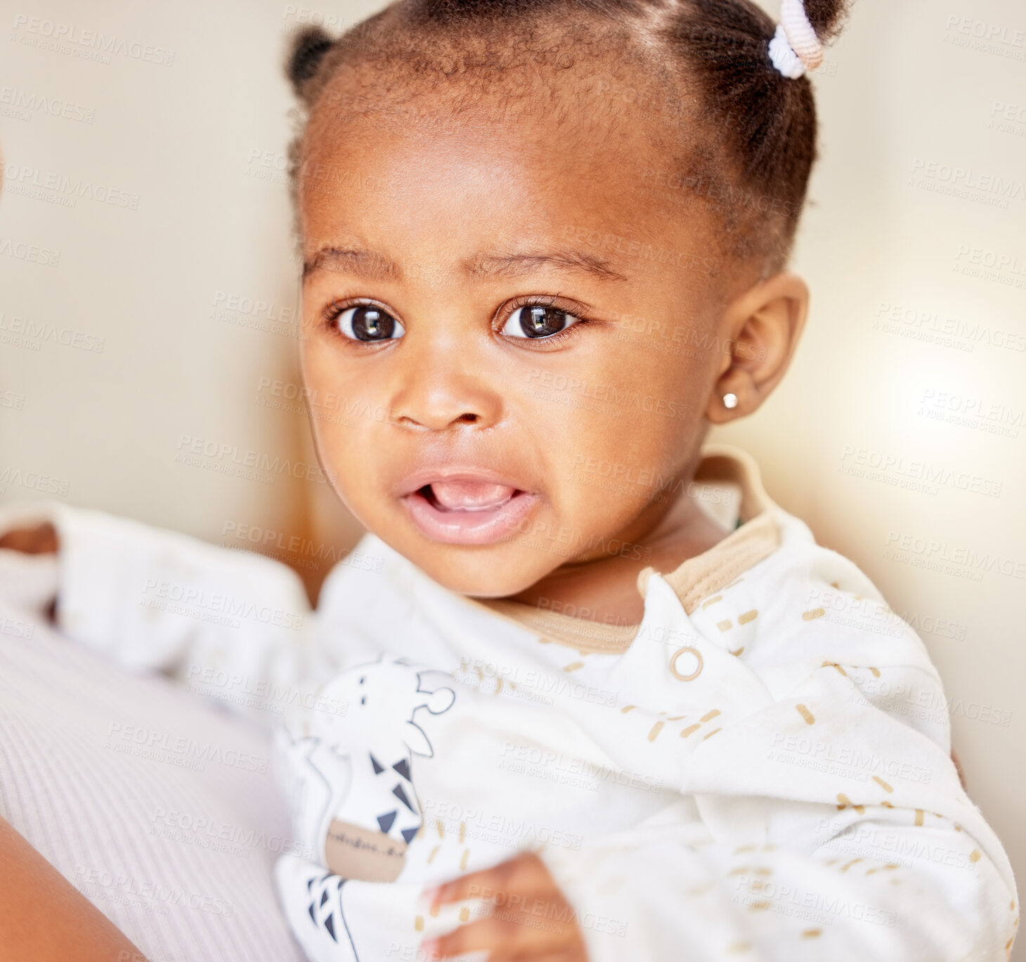 Buy stock photo Black baby, girl and sad portrait in home for tired or hungry, gas pain and sleep regression or boredom with curious for playing. Toddler, house and unhappy for diaper change and overstimulation.