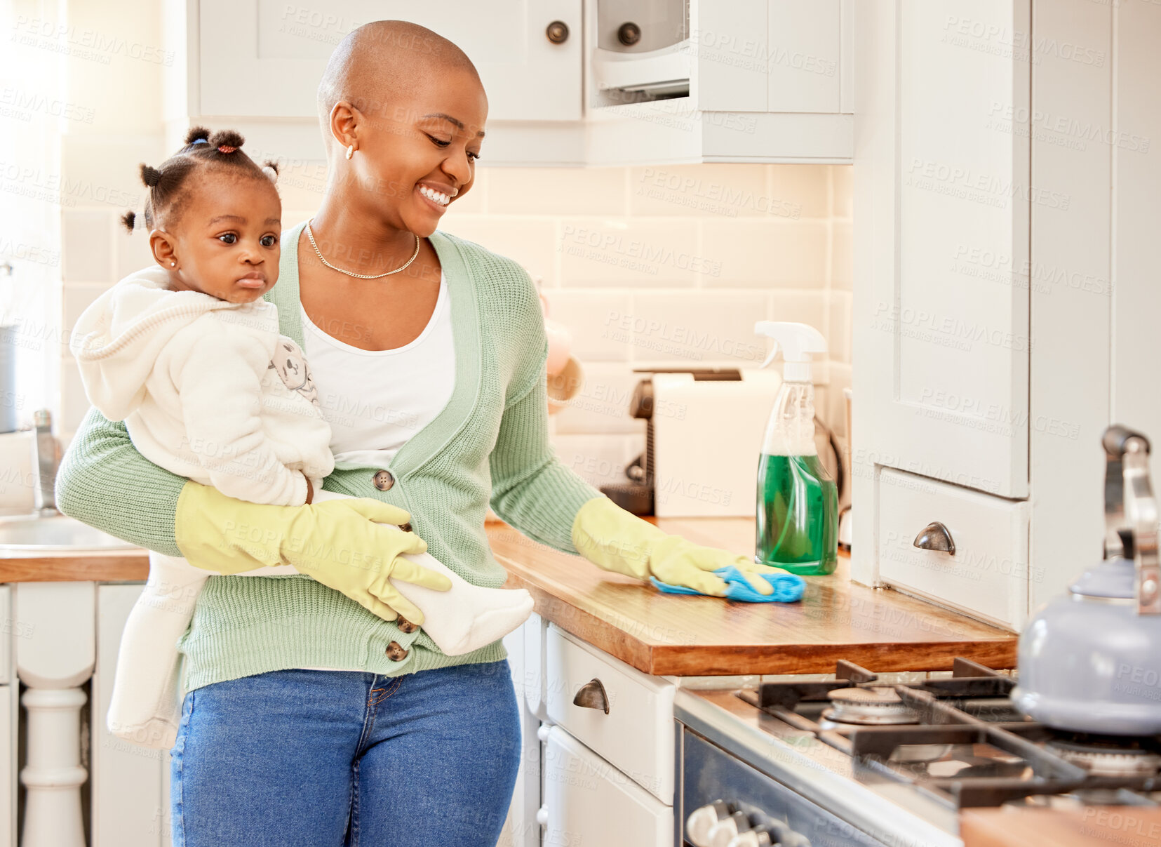 Buy stock photo Woman, smile and cleaning in house with baby, spray and chemical for dust, bacteria and dirt in morning. Black person, wipe and happy in home with young child, container or cloth for housekeeping