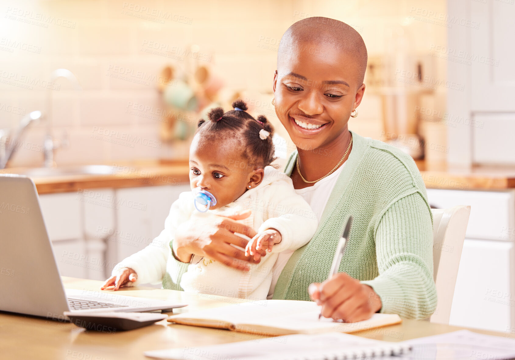 Buy stock photo Home, laptop and baby with mother for writing, budgeting and tracking expenses in kitchen table. Black people, little girl and mom with notebook for financial planning, savings goals and childcare