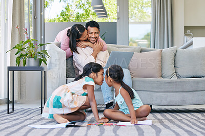 Buy stock photo Parents, kids and happy in living room for bonding, love and growth for child development. Family, girl and satisfied at home with care, childhood memories and together with trust, play and support