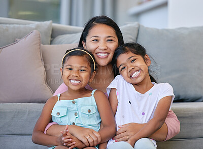 Buy stock photo Mom, kids and happy in portrait for bonding or support, love and growth for child development. Parent, girl and satisfied at home with care, childhood memories and together with trust and smile