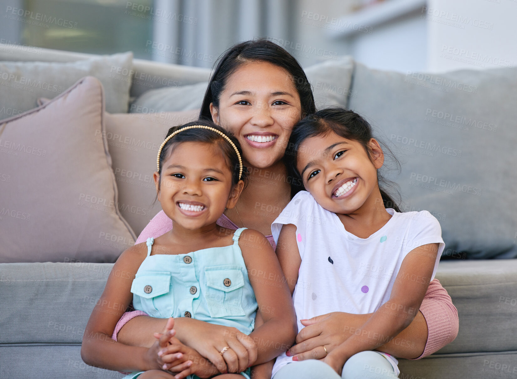 Buy stock photo Mom, kids and happy in portrait for bonding or support, love and growth for child development. Parent, girl and satisfied at home with care, childhood memories and together with trust and smile