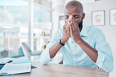 Buy stock photo Stress, headache and black man with documents in office for startup bankruptcy crisis or mistake. Migraine, burnout and African male business financial advisor working with paperwork for budget.