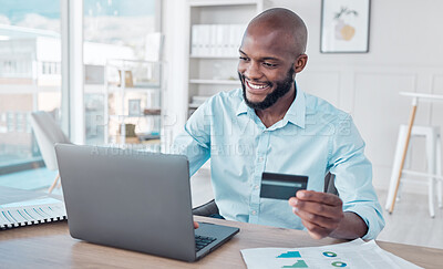 Buy stock photo Credit card, online shopping and black man use laptop, internet or web for ecommerce purchase in an office. Businessman, African and employee making payment on a website in a company office