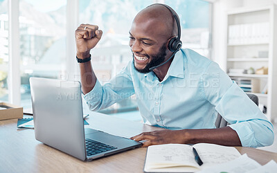 Buy stock photo Black man, laptop and celebrate win at call centre, online success and prize giveaway or crm. Male person, excited and fist pump for telemarketing victory, lottery and promotion or consulting reward
