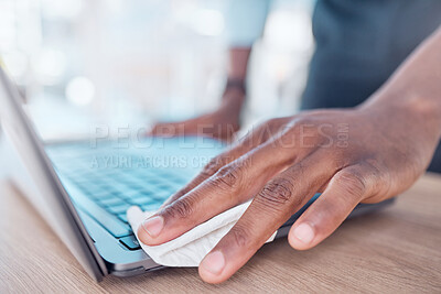 Buy stock photo Cleaning, keyboard and hand on laptop, desk and cloth for dirt, bacteria and virus on digital desktop. Employee, copywriter and disinfection of computer, technology and sanitation for germs or dust