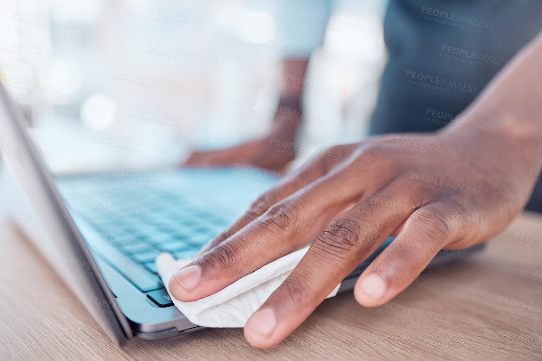 Buy stock photo Cleaning, keyboard and hand on laptop, desk and cloth for dirt, bacteria and virus on digital desktop. Employee, copywriter and disinfection of computer, technology and sanitation for germs or dust