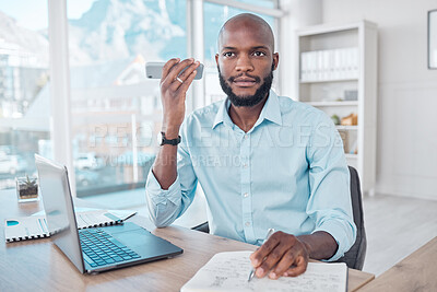 Buy stock photo Phone call, listening and black businessman in office, workspace and professional space for work in corporate career. Conversation, employee and happy writing for planning, agenda and communication