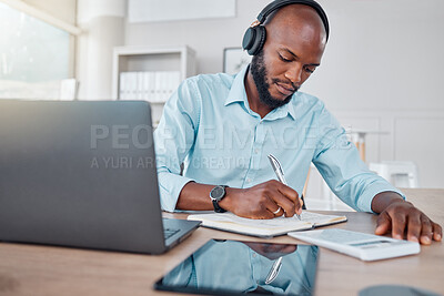 Buy stock photo Laptop, writing and black businessman in office, workspace or professional for work in corporate career. Video conference, webinar and technology or notebook for planning, agenda and communication