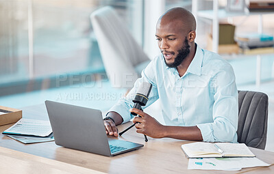 Buy stock photo Business, podcast and microphone with laptop, black man and speaker in office, production and streaming. Podcaster, influencer and hosting of show, online and internet for corporate and advice