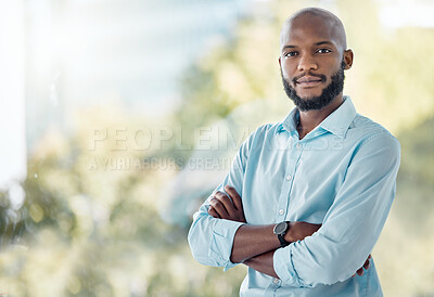 Buy stock photo Portrait, black man and confident or happy for business outdoor in city of Atlanta for career in creative industry as designer for agency. Male employee, arms crossed and professional for company job