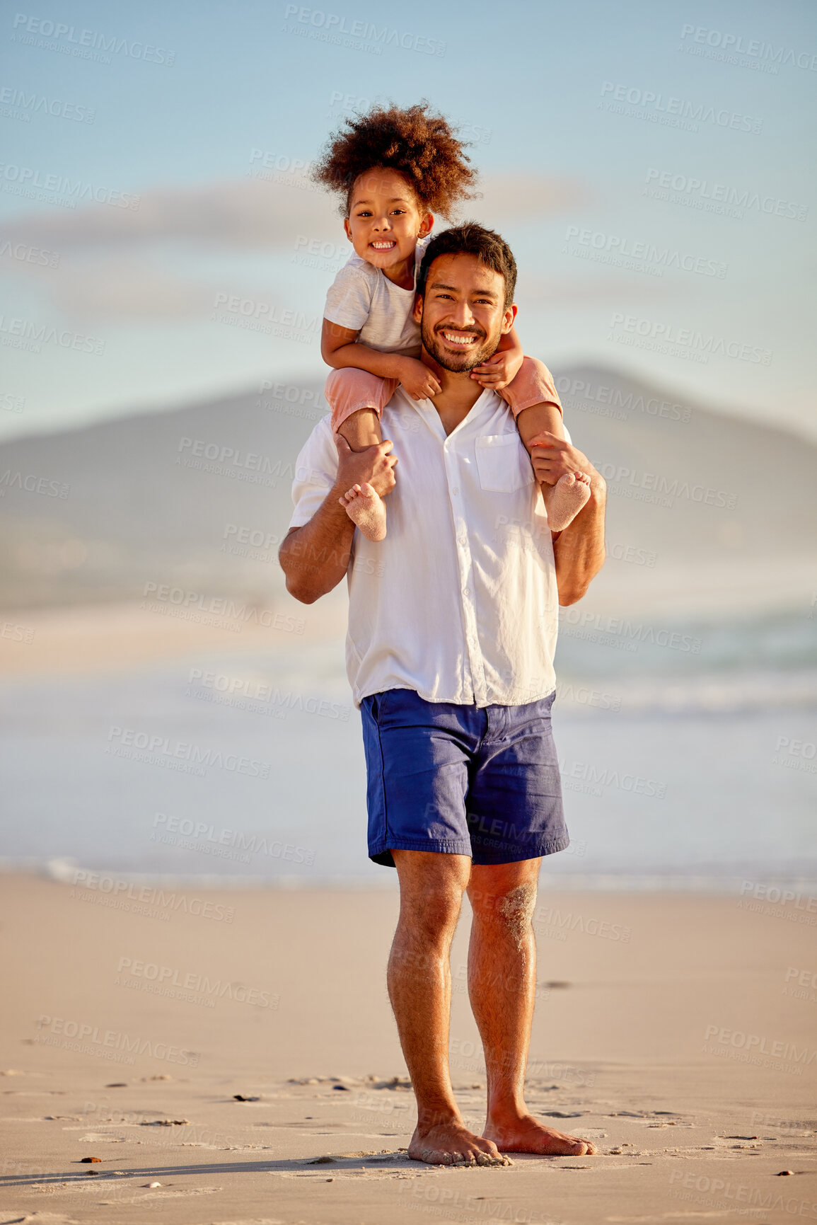 Buy stock photo Portrait, father and child on shoulder or beach fun on holiday, bonding and walking on sea sand or vacation. Family, together and carefree girl or ocean trip for adventure, summer and relaxing