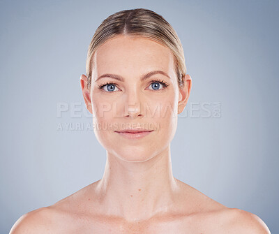 Buy stock photo Woman, skincare and studio portrait for wellness, beauty and healthy for skin care happiness and dermatology. Natural glow, cosmetic and confident for clean face, model and spa on grey background