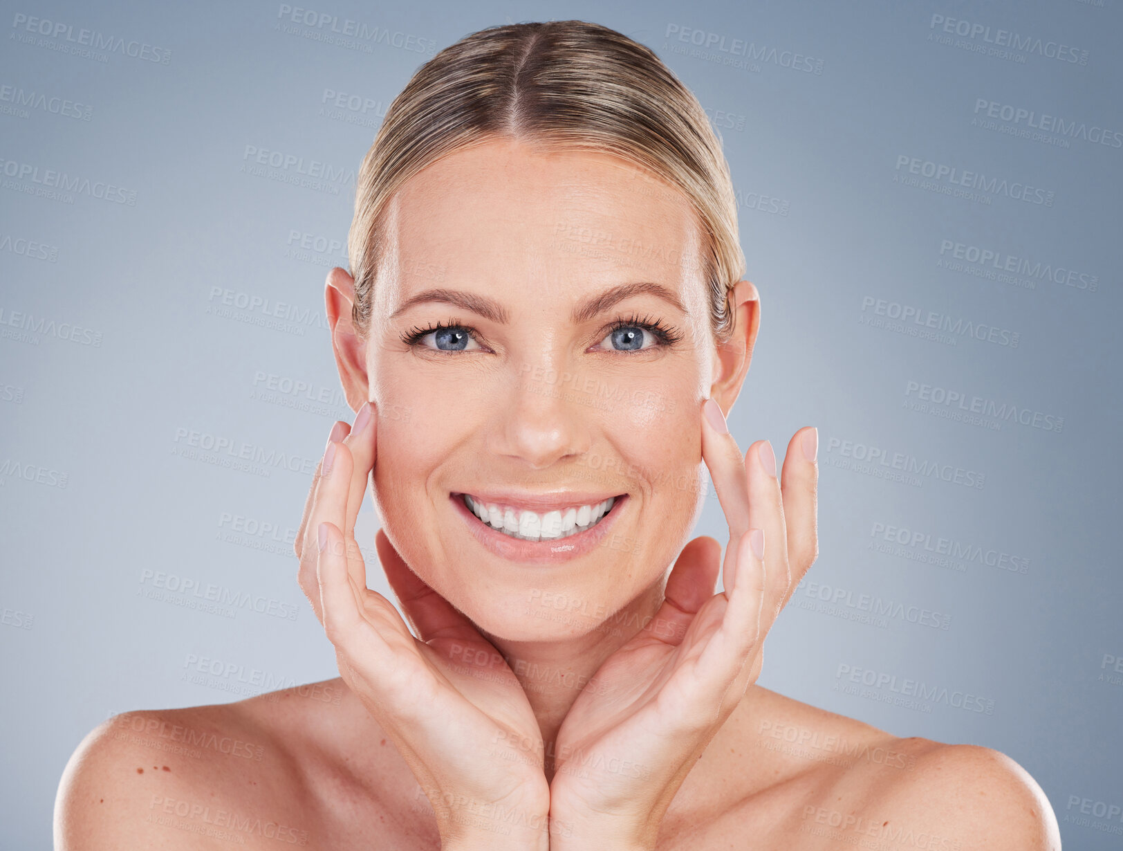 Buy stock photo Happy, skincare and portrait of woman in studio for facial, cosmetics and natural makeup. Self care, wellness and mockup with face of female model on grey background for glow, happiness and collagen