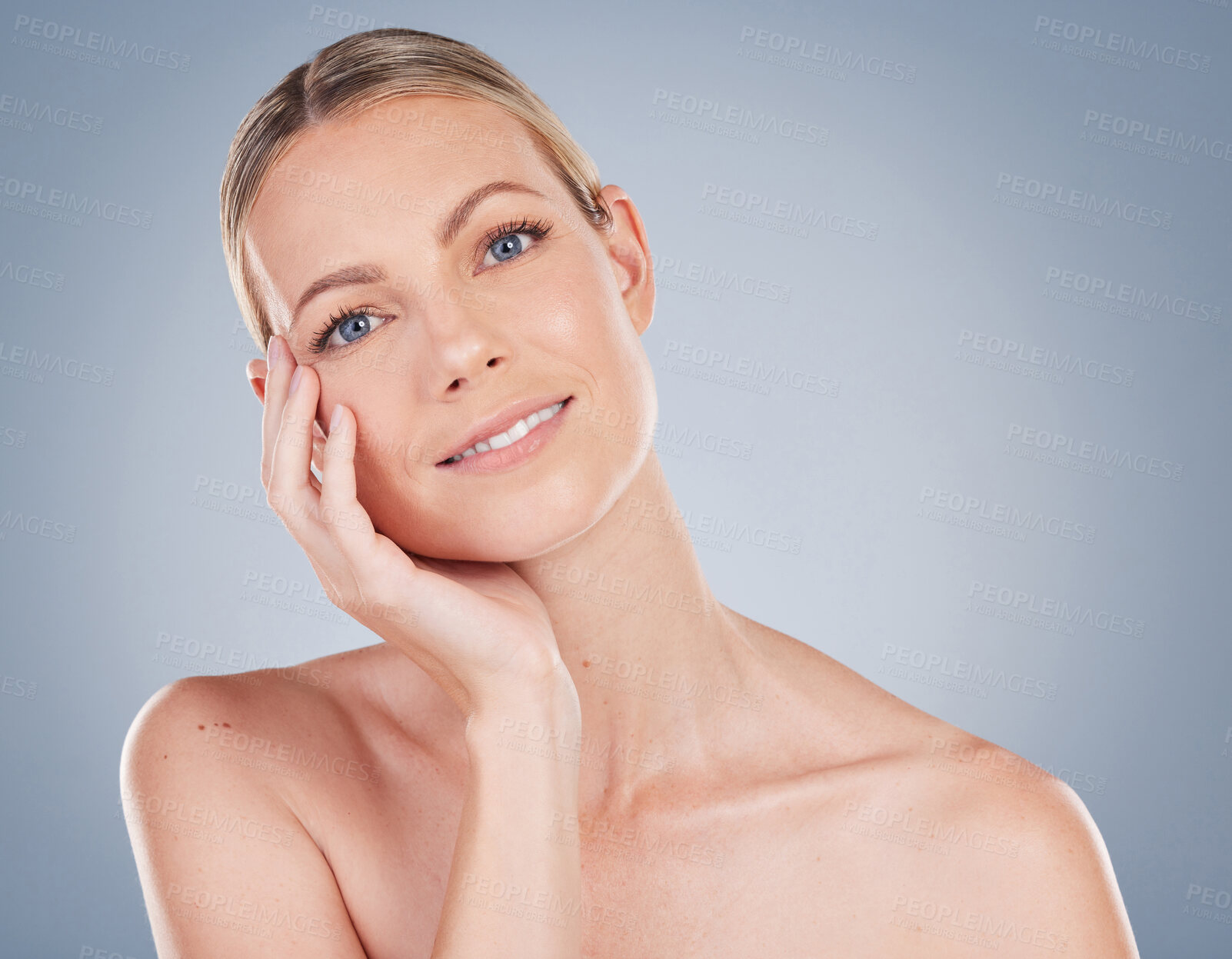 Buy stock photo Antiaging, skincare and portrait with self care of dermatology and woman on studio background. Natural, skin and model with wellness from cosmetics, makeup and healthy glow from facial treatment