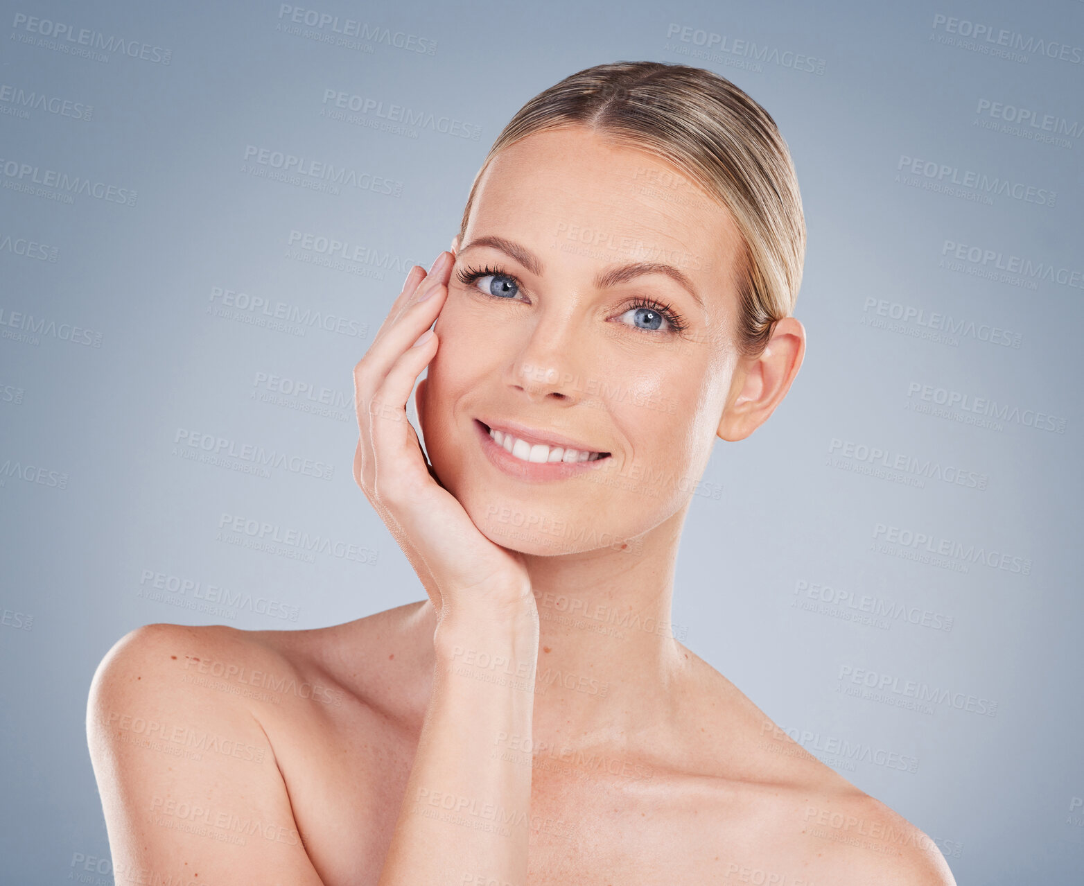 Buy stock photo Antiaging, skincare and portrait of woman with self care of dermatology on studio background. Natural, skin and model with wellness from cosmetics, makeup and healthy glow from facial treatment