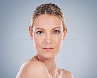 Buy stock photo Studio, face and woman in portrait for wellness, healthy skin and skincare with cosmetics. Mockup, female model and natural glow with beauty, treatment results and benefits by gray background