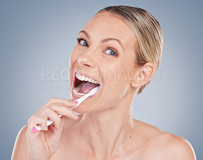 Buy stock photo Woman, mouth and toothbrush or portrait in studio, oral hygiene for self care and brushing. Gum health, whitening and cleaning plaque or dental wellness, dentist approved product and fresh breath