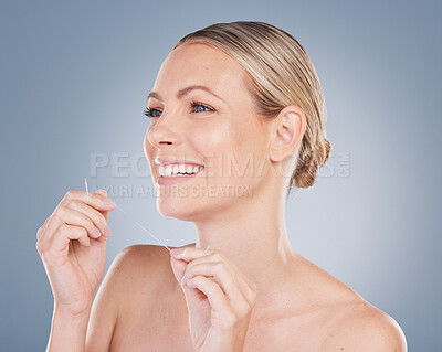 Buy stock photo Dental, floss and woman with clean teeth in studio background and thinking of healthy gums. Person, smile and grooming plan or routine for hygiene and healthcare to prevent gingivitis or tooth decay