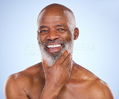 Buy stock photo Portrait, beard care and senior black man for grooming isolated on blue background with confidence. Wellness, style and hygiene with treatment or cosmetics in studio with face, clear skin and beauty.