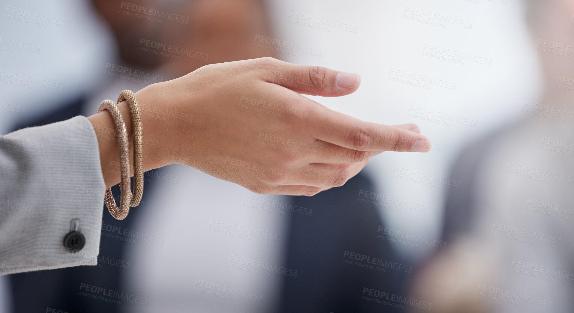 Buy stock photo Person, hand and palm in office with gesture for explaining, question and ask for understanding of information. Female employee, zoom and body language for speaking, talking and helping for business