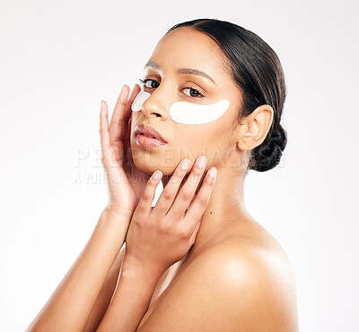 Buy stock photo Woman, portrait and eye mask in skincare, cosmetics or beauty against a white studio background. Face of female person or model with facial collagen pads under eyes for anti aging or dermatology