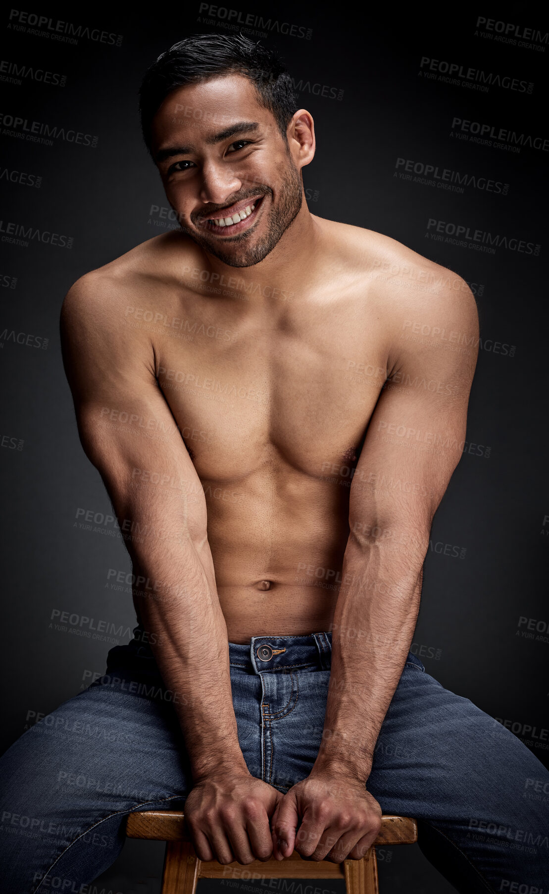 Buy stock photo Smile, portrait and man shirtless in studio strong, power and muscular body for energy on chair. Happy, bodybuilder and fitness for exercise with strength workout for health on black background
