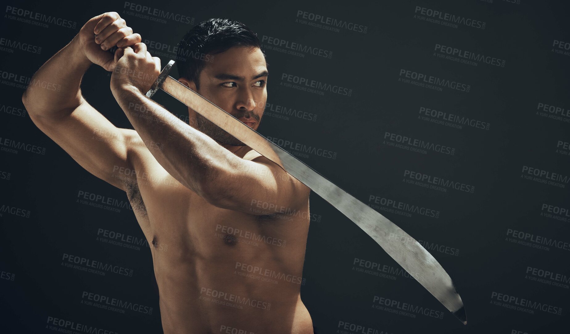 Buy stock photo Martial arts, man and sword for training, fight and self defense on dark studio background. Person, model and performer with attack, talent and practice with exercise, challenge and weapon with blade