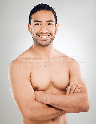 Buy stock photo Hygiene, body and portrait of man in studio with arms crossed for skincare, wellness or natural treatment on white background. Grooming, routine and model for confidence, happiness or satisfaction