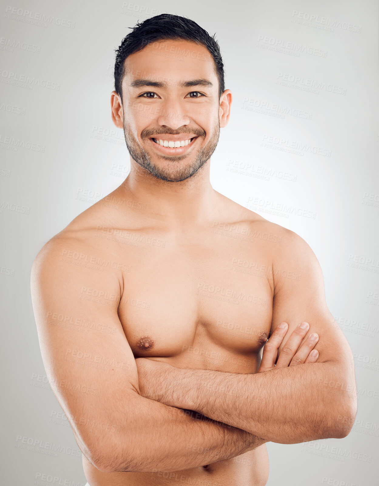 Buy stock photo Hygiene, body and portrait of man in studio with arms crossed for skincare, wellness or natural treatment on white background. Grooming, routine and model for confidence, happiness or satisfaction