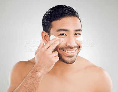 Buy stock photo Portrait, man and cosmetic patches for grooming, anti aging and confidence with dermatology on white background. Male person, collagen and skincare for eyes in studio backdrop for wellness or glow