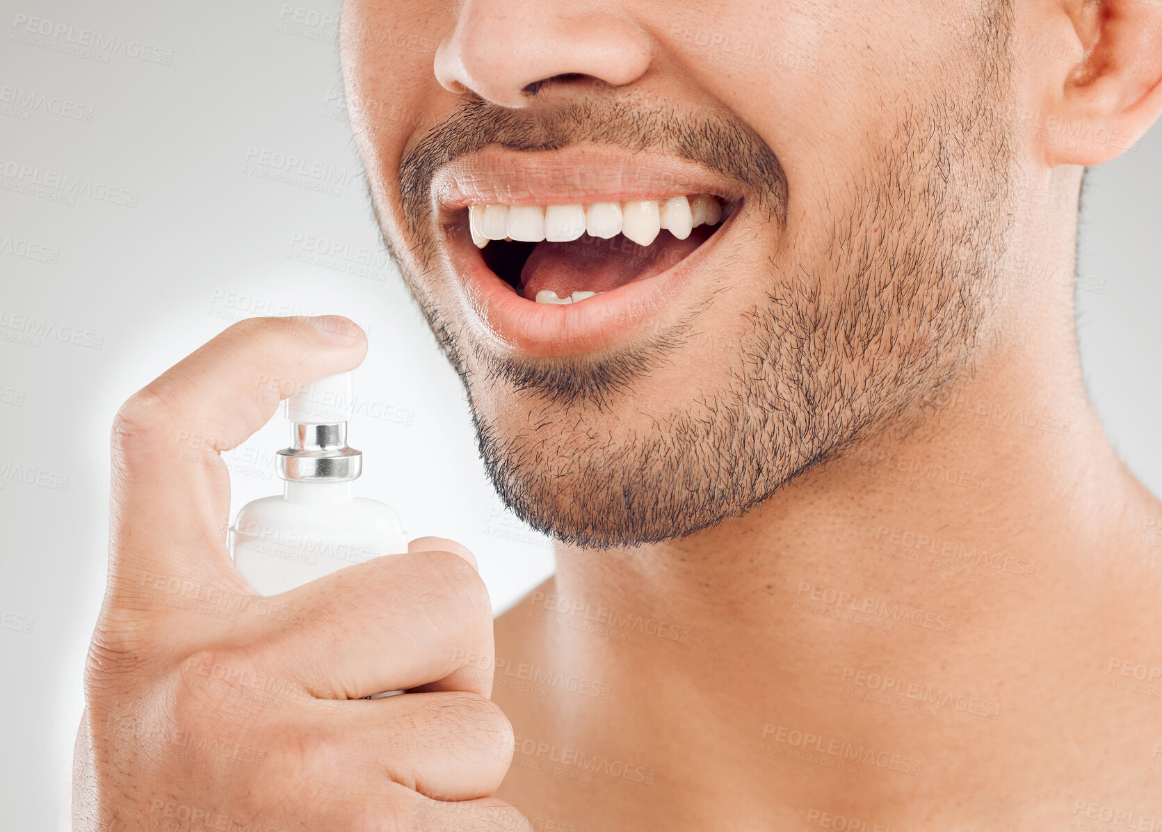 Buy stock photo Grooming, man and mouth spray for fresh breath in zoom, routine or wellness in oral health, hygiene. Male person, cleaning and cosmetic with confidence for care, teeth and mouth in studio background
