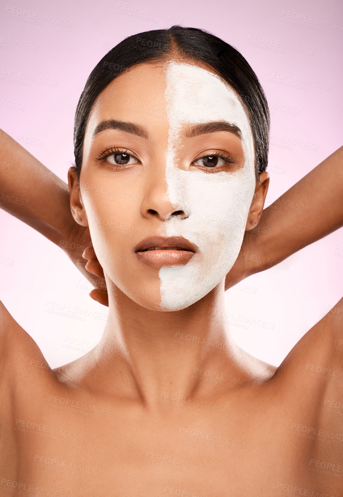 Buy stock photo Woman, facial mask and portrait in studio for treatment, detox and skincare on pink background. Female person, beauty and half for comparison results, acne cosmetics and exfoliate with dermatology