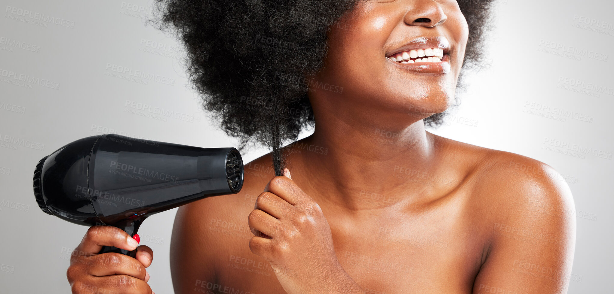 Buy stock photo Hair care, beauty and black woman with dryer in studio for salon treatment for curls texture and growth. Smile, health and African person with cosmetic tool for natural hairstyle by gray background.