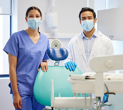 Buy stock photo Dentist team, face mask and professional portrait for
medical industry and teamwork. Assistant woman and asian man or healthcare staff together for dental care, oral health and wellness at practice