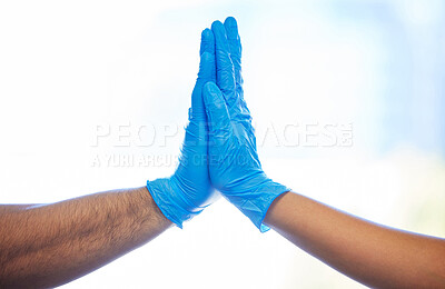 Buy stock photo Doctor, hands and high five with gloves, healthcare and people with agreement for surgery and dentist. Hospital, dental professional and medical for employees, thank you and science in collaboration