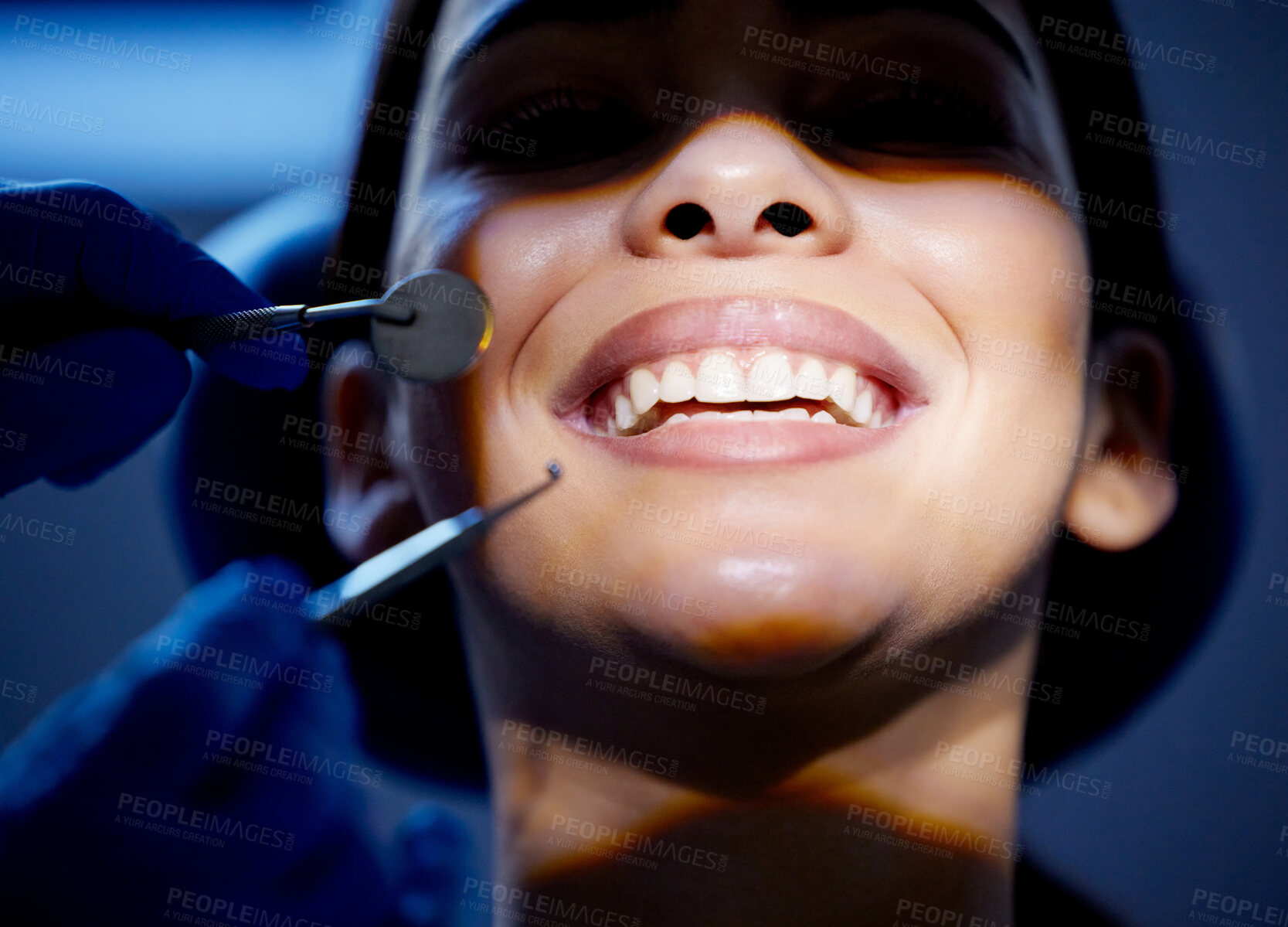 Buy stock photo Smile, teeth and tools with woman at dentist for oral hygiene or dental care appointment closeup. Checkup, healthcare and mirror with happy patient in chair at clinic for cleaning or medical exam