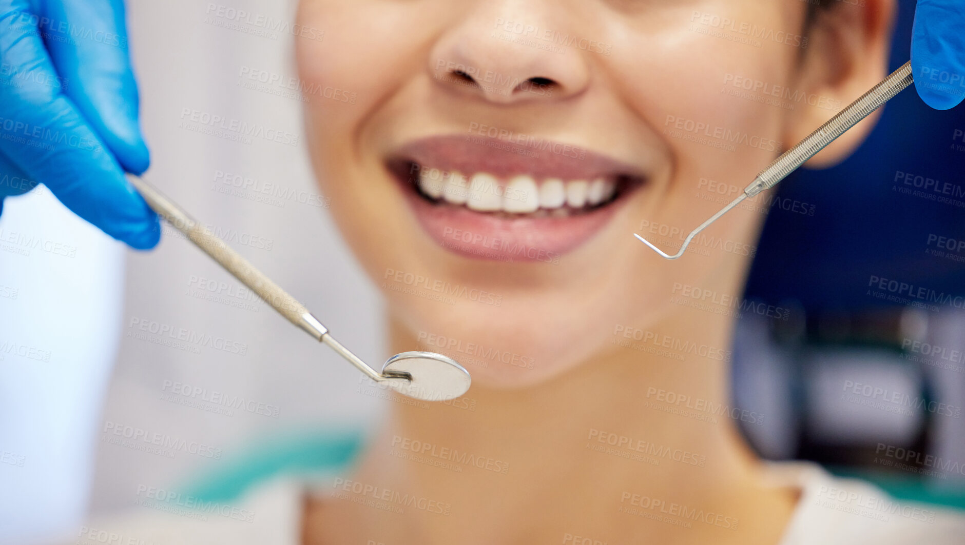 Buy stock photo Hands, mirror and smile with woman at dentist for oral hygiene or dental care appointment closeup. Equipment, healthcare and medical with happy patient in chair at clinic for checkup or cleaning