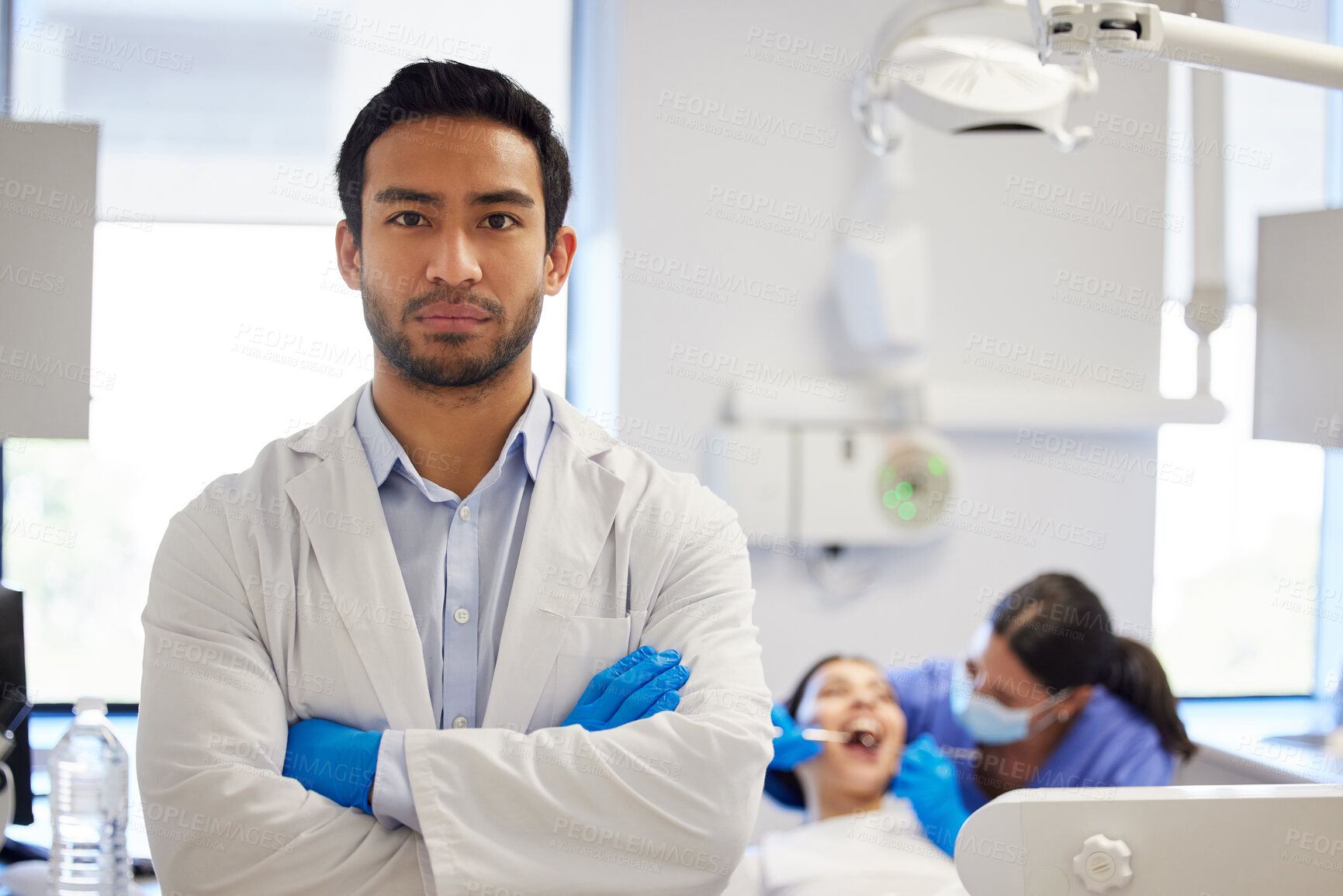 Buy stock photo Dentist, portrait and arms crossed dental patient for toothache in clinic, health and treatment for mouth. Teeth whitening, face and person with orthodontics and oral care, inspection or service